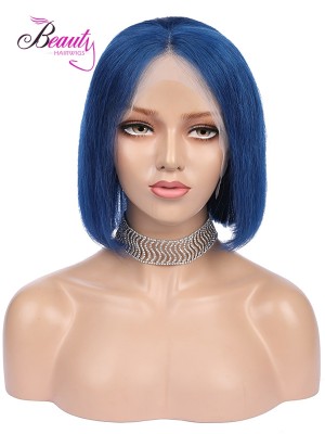 Human Hair Bob Wig Straight Lace Front Wig 150% Density Color Blue