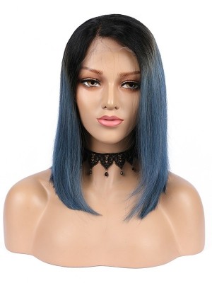  Beautyhairwigs Human Hair Bob Lace Front Wig Pre Plucked Short Straight Ombre Dark Blue 150% Density (LFW4001)